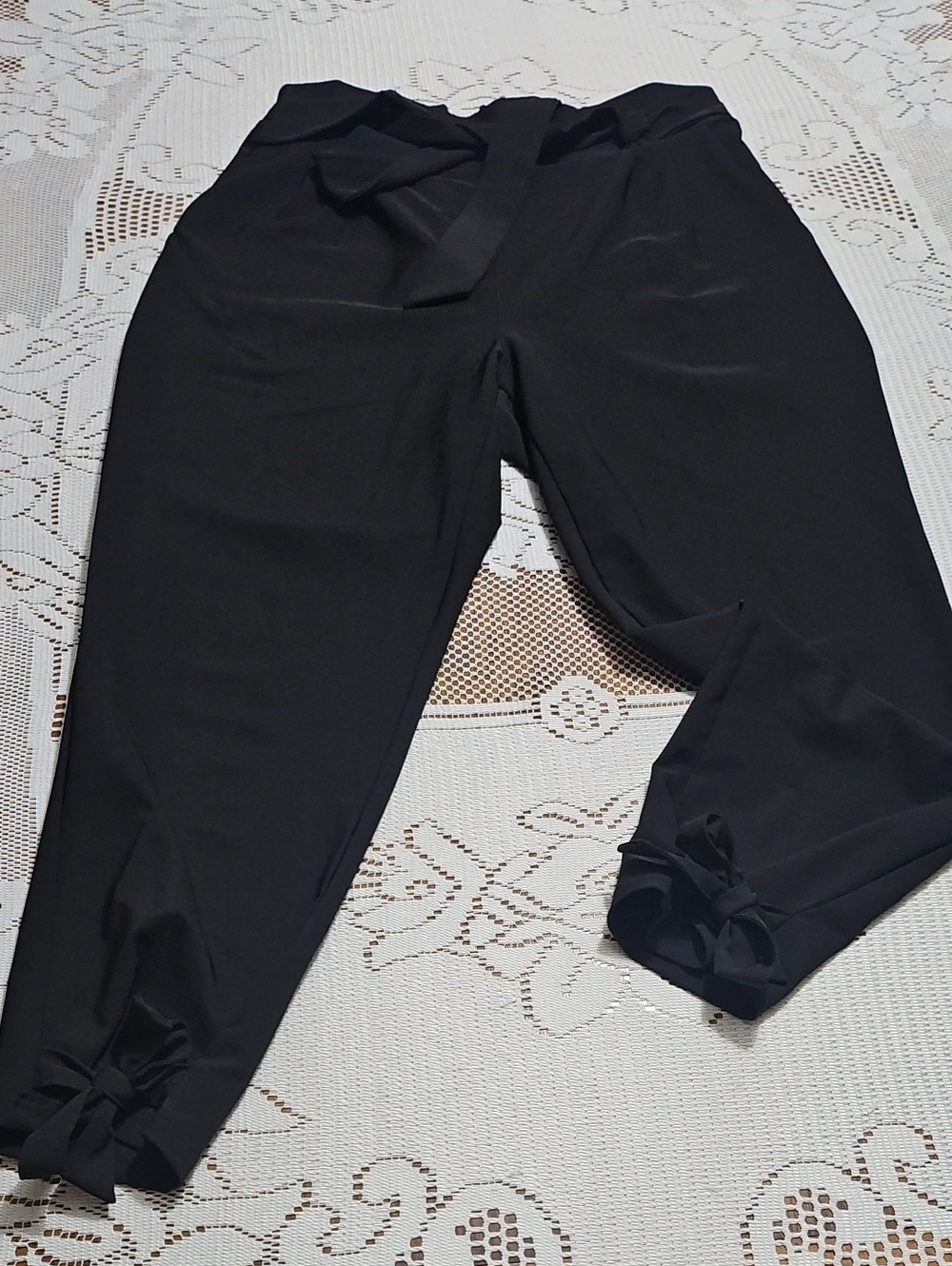 Grace Karin Black Paperbag Waist Cropped Pants with Tie Cuffs
